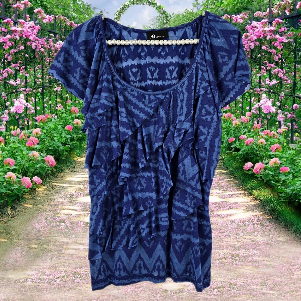 AB Studio Blue Ruffle Front Top - Picture 1 of 12